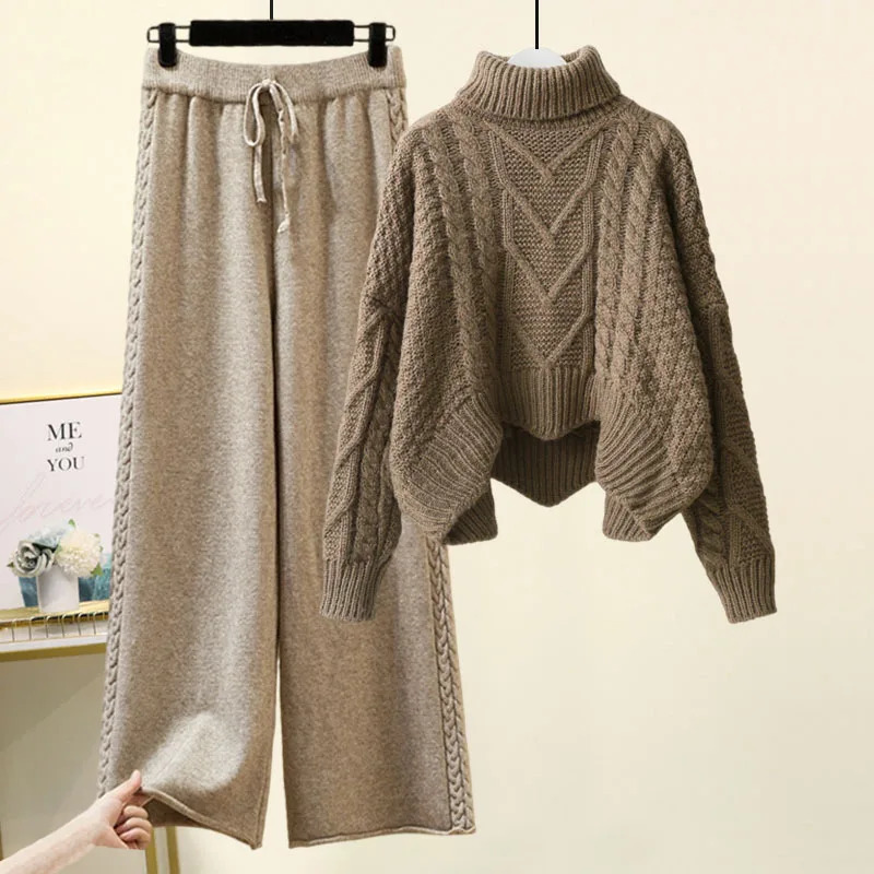 Sweater Suit Women Knitting 2 Piece Sets Pullover Top Jumper Turtleneck Wide Leg Pants Ensemble Winter Thick Knitwear Outfits 251110