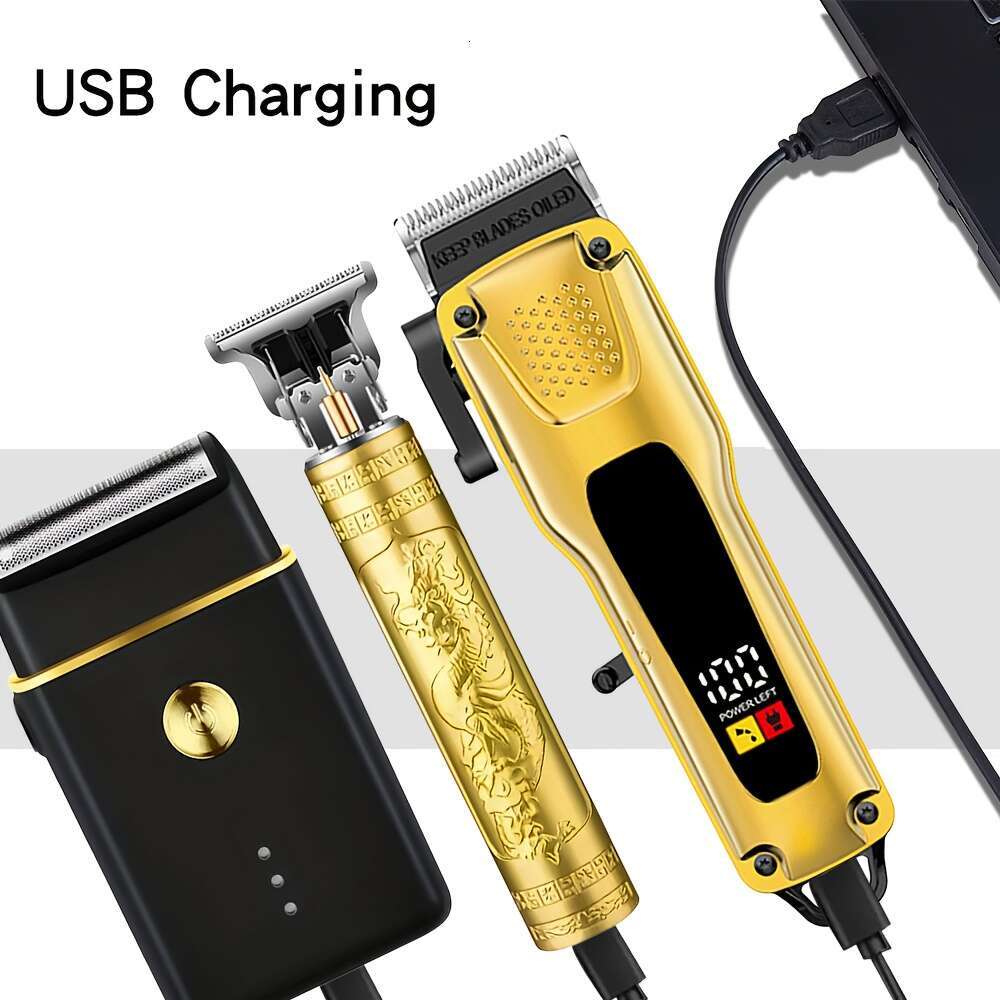 Golden 3Pcs Men's Kit: Electric Shaver, Hair Trimmer With LCD Display, 8 Combs, USB Cables, Perfect Dad, Boyfriend, Father's Day, Birthdays,