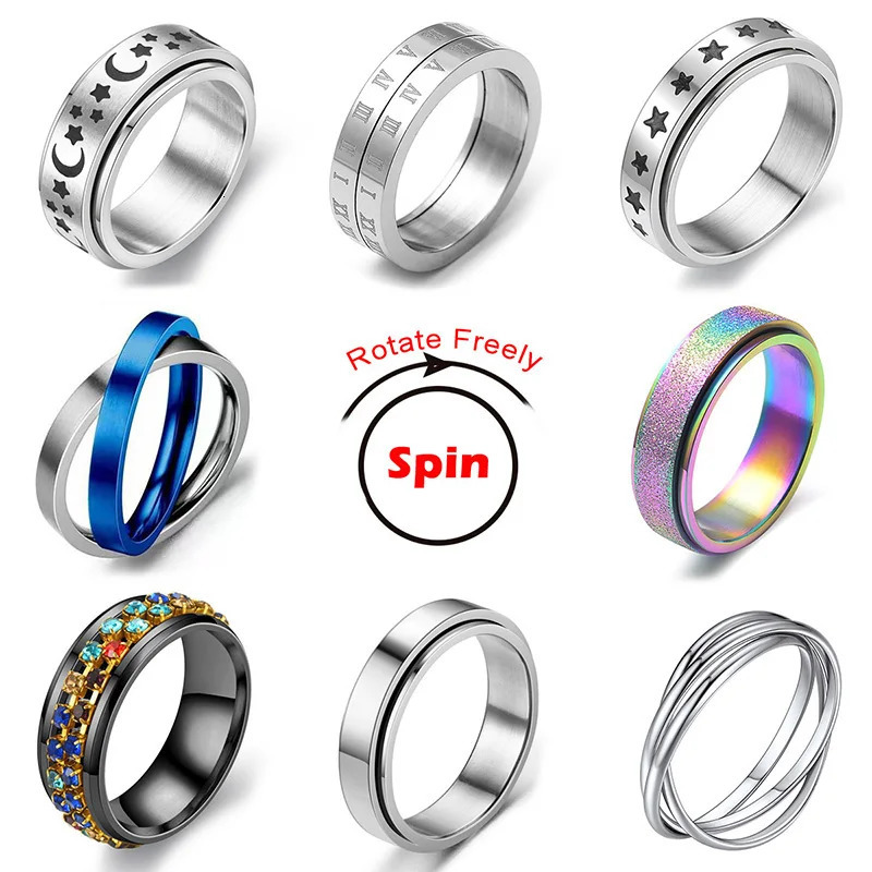 Rotate Freely Spinning Stainless Steel Anxiety Ring For Women Moon Star Chain Spinner Fidgets Ring Anti Stress Men Rotating 251110
