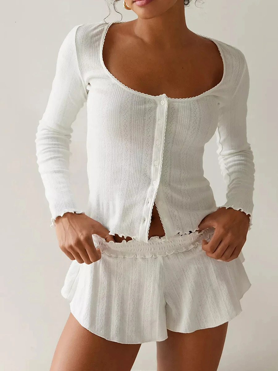 Cute Fairy Pajama Set Long Sleeve Button Top Ruffle Shorts 2-piece Lounge Set Y2k Pajama Womens Short Skirt 250409