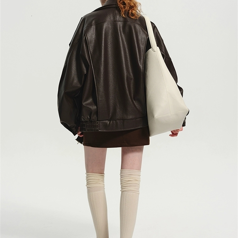 Lautaro Spring Autumn Cool Brown Oversized Pu Leather Jacket Women Long Sleeve Zip Up Luxury Designer American Retro Clothing 251105