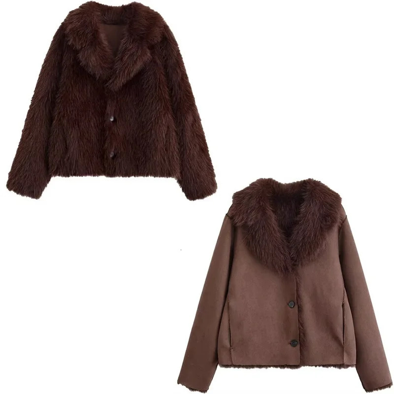 Womens Jacket Autumn Style Brown LongSleeve Faux Fur Reversible Warm Coat Elegant and Stylish 251110