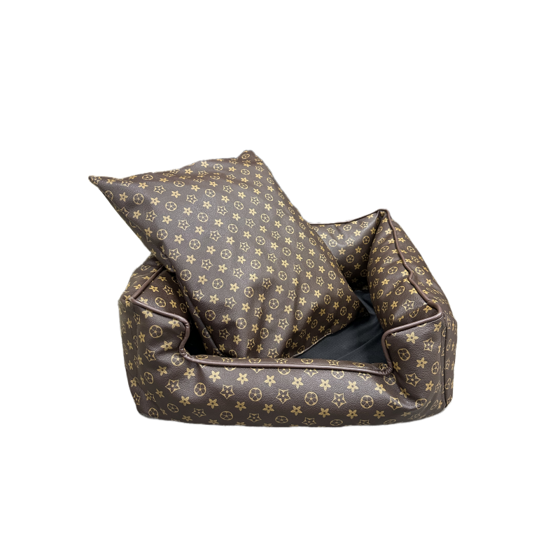 Designer Beds PU Leather Dog Kennel Classic Letter Easy to Clean Rectangle Cool Soft Padding with Nonskid Bottom Pet Bed for Small Medium Dogs Brown L