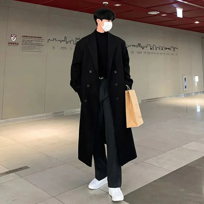 Winter woolen coat mens long style with cotton over the knee woolen windbreaker thickened coat Korean version loose fit 251103