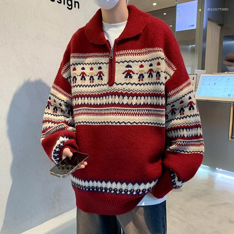 Men's Sweaters Autumn Winter Lapel Zipper Christmas Sweater Knitwear Jumpers Vintage Pattern Personalized Pullover Y2K Male Knit