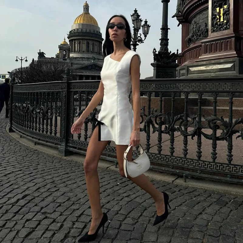 Taruxy satin womens vest dress necklace fashionable bow split style elegance party skirt sleeveless tight fitting dress 250403
