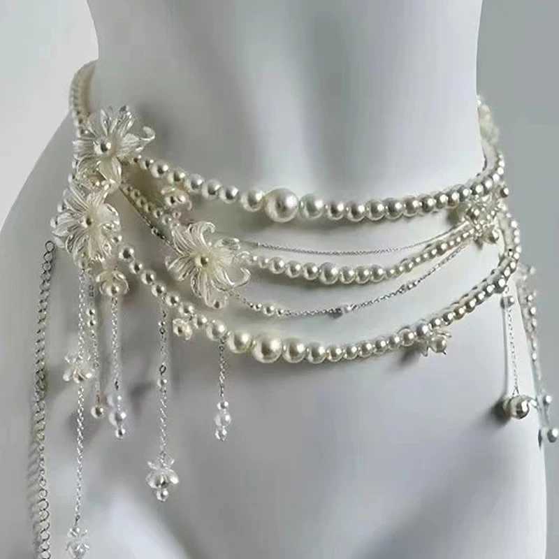 Korean style flower pearl tassel necklace womens sexy pearl Mti layer body chain retro stacked pearl sweater accessories X250410