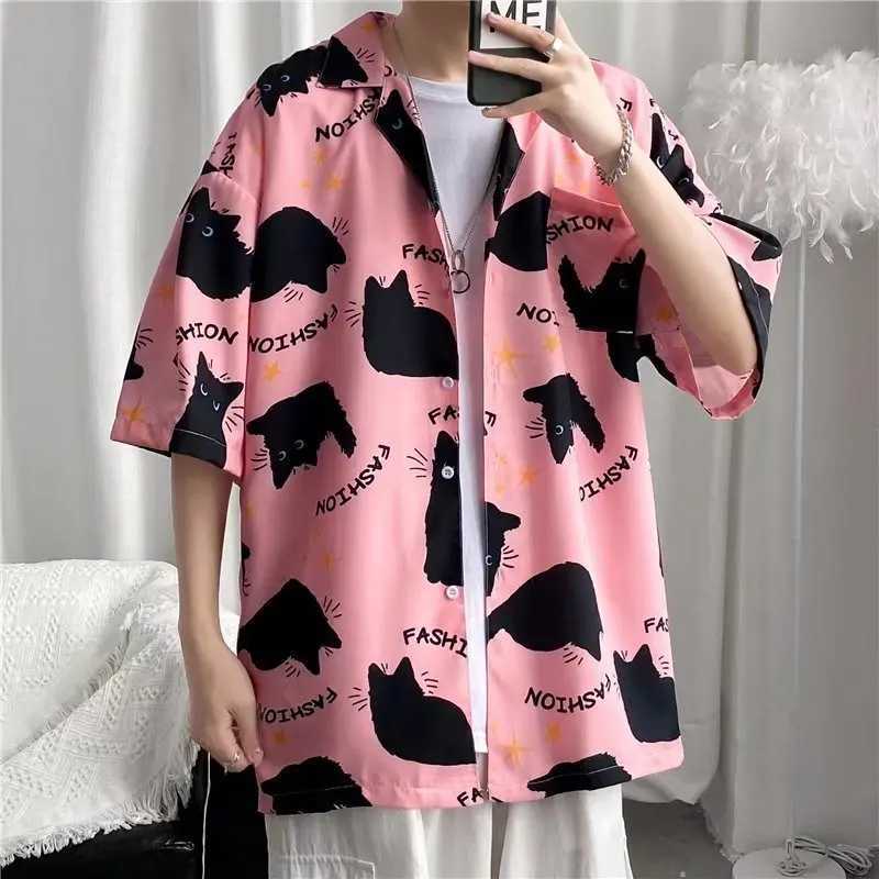 Summer Hawaiian mens hip-hop mens Japanese geisha funny print white pink shirt mens casual holiday top X250410