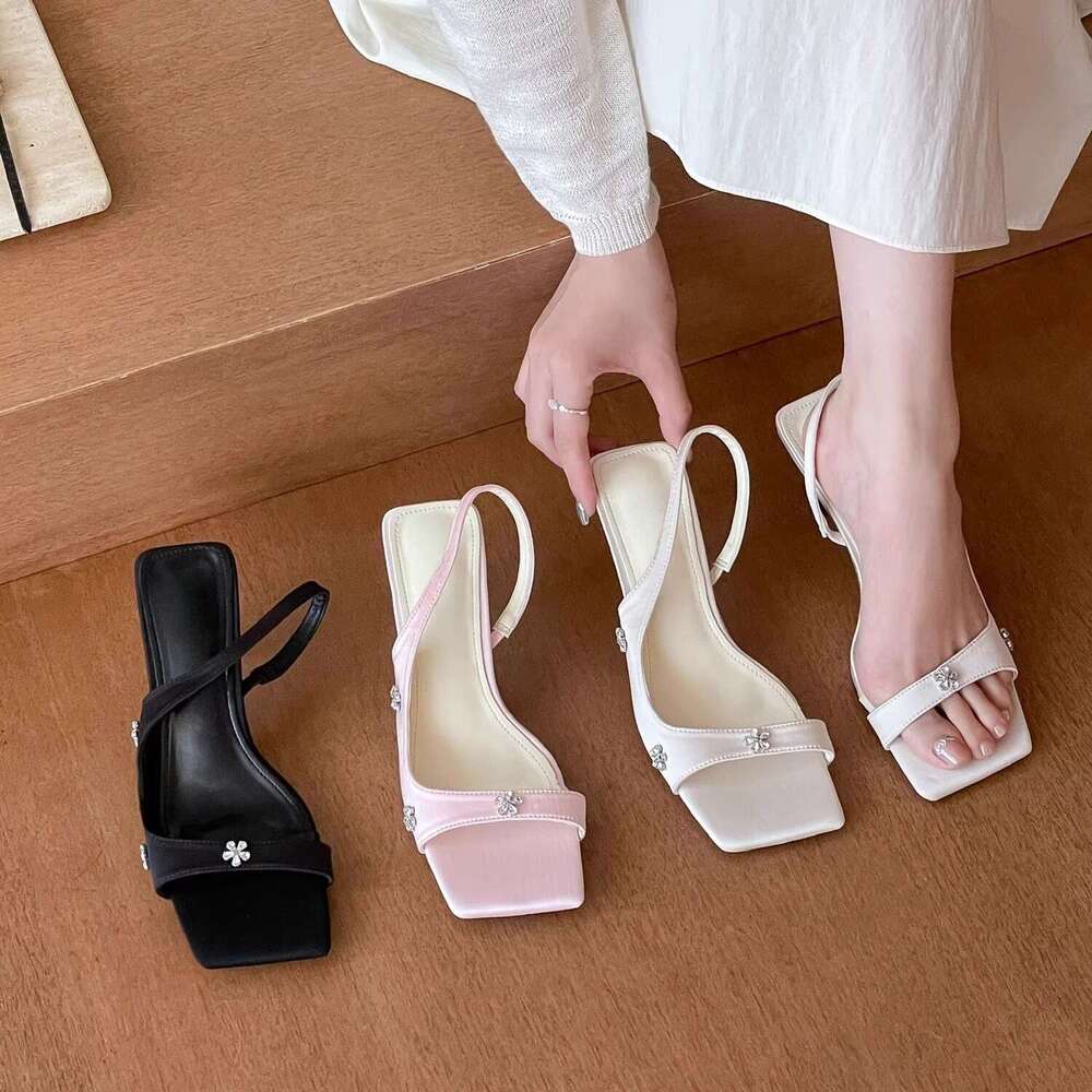 Pink Square Toe Rhinestone sling back Sandals for Women 2025 Designer Shoe Fall Fashion Comfortable kitten heels