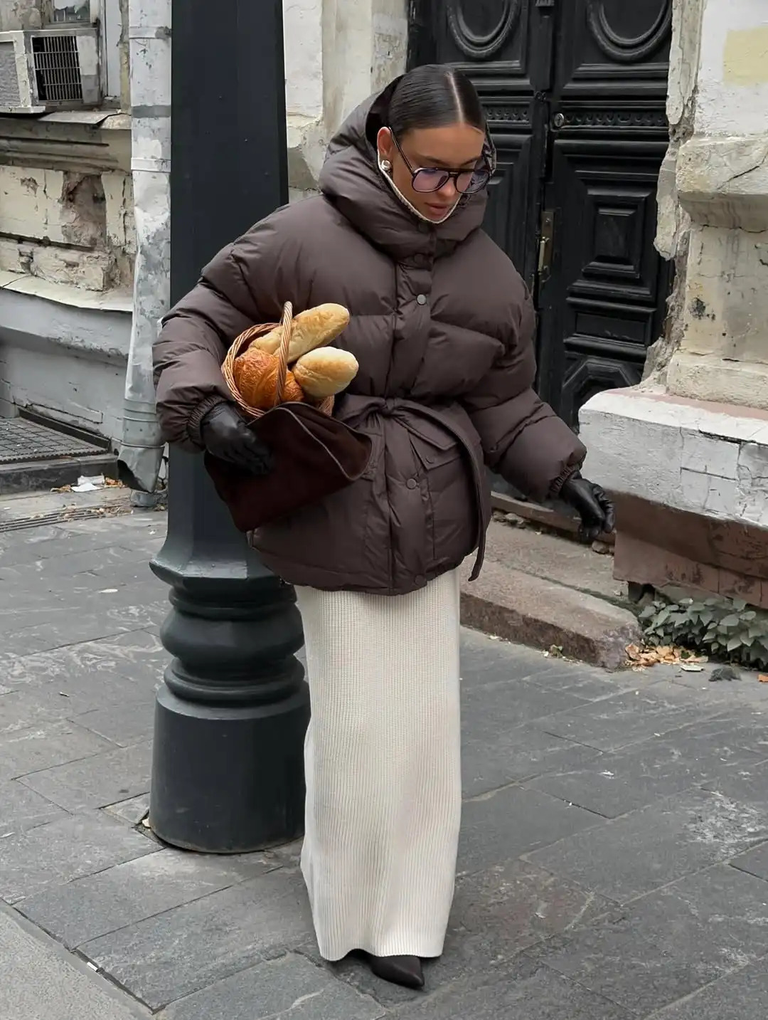 Stand Collar Lace Up Hooded Cotton Coat Women Brown Single Breasted Pocket Loose Warm Outerwear Lady Winter Commute Street Coats 251107