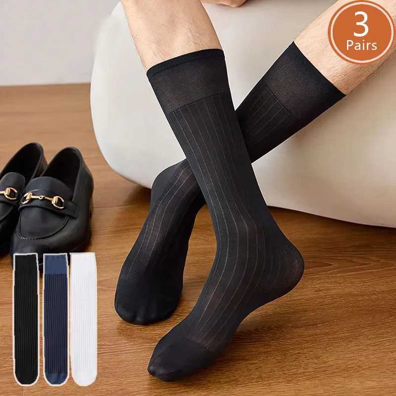 3 pairs of mens long silk socks thin nylon strips breathable and soft below Kn calf wearing crew socks gentleman X250410