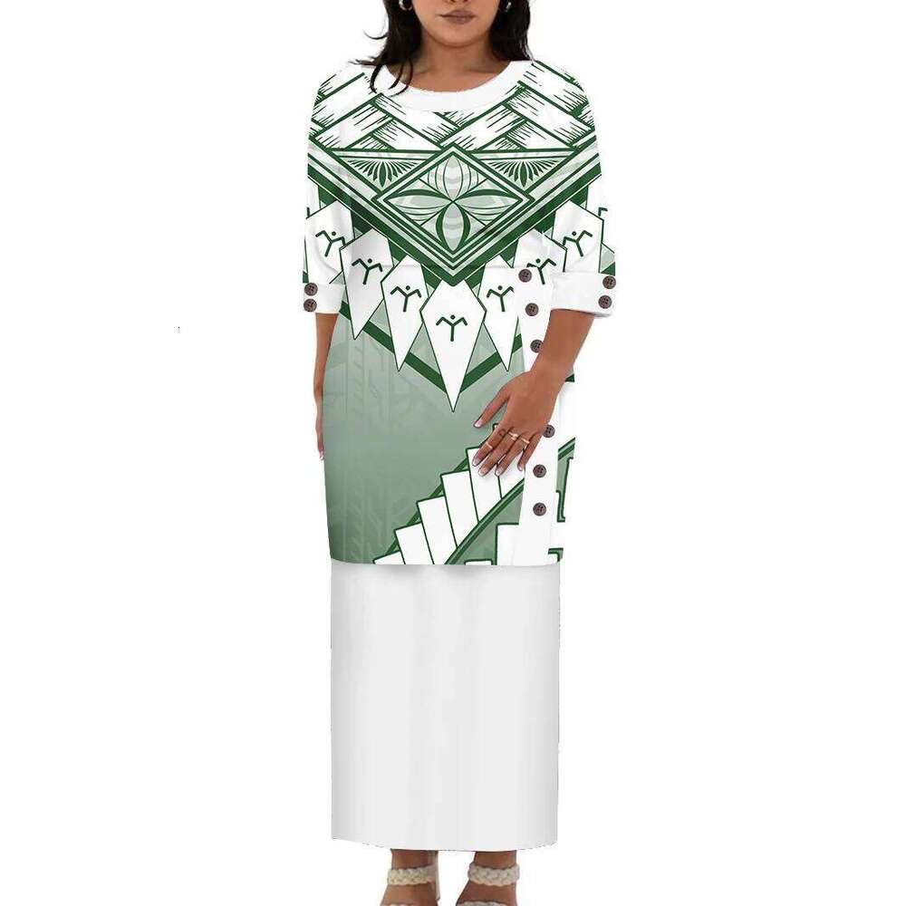 Hawaii Style Design Big Size Ladies Long Custom Polynesian Puletasi Ptaha Dress O Neck Prom Clothes 2 Piece Outfits Sets