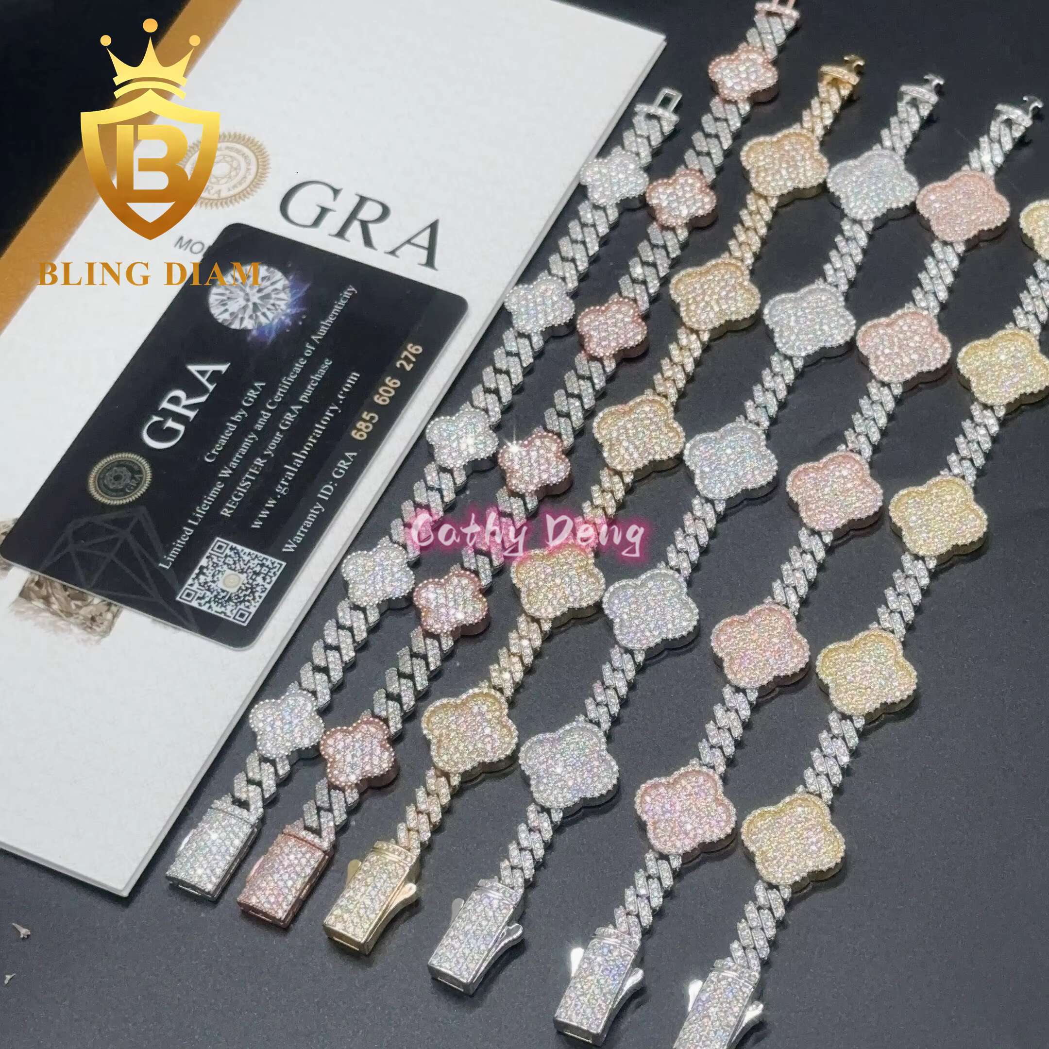 Hip Hop Jewelry Bling Cuban Link Chain VVS 925 Silver Moissanite Cuban Link Chain for Men Women Flower Cuban Bracelet