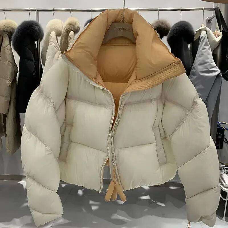 Fashionable Short Cotton Jacket Women's Bread Stand Collar Winter Coat Color Block Design Korean Style Long Sleeve