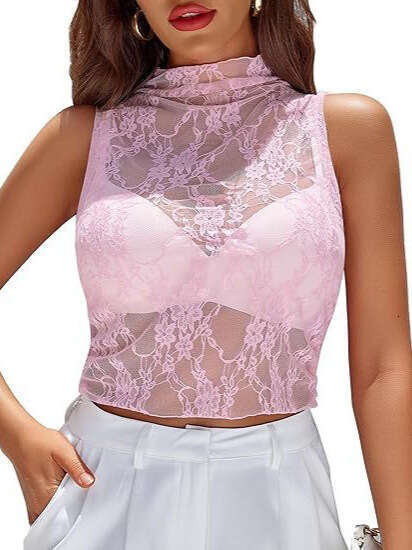 Amazon Cross-Border European and American Style Slim Fit See-Through Lace Pullover Base Shirt Mesh Top