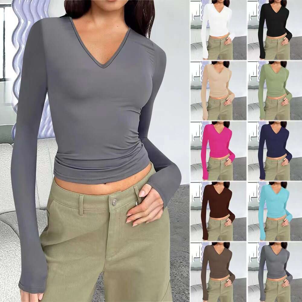 Autumn Winter European American Amazon New Wish Women's V-Neck Long Sleeve Basic Slim Fit Versatile T-Shirt Top for Women