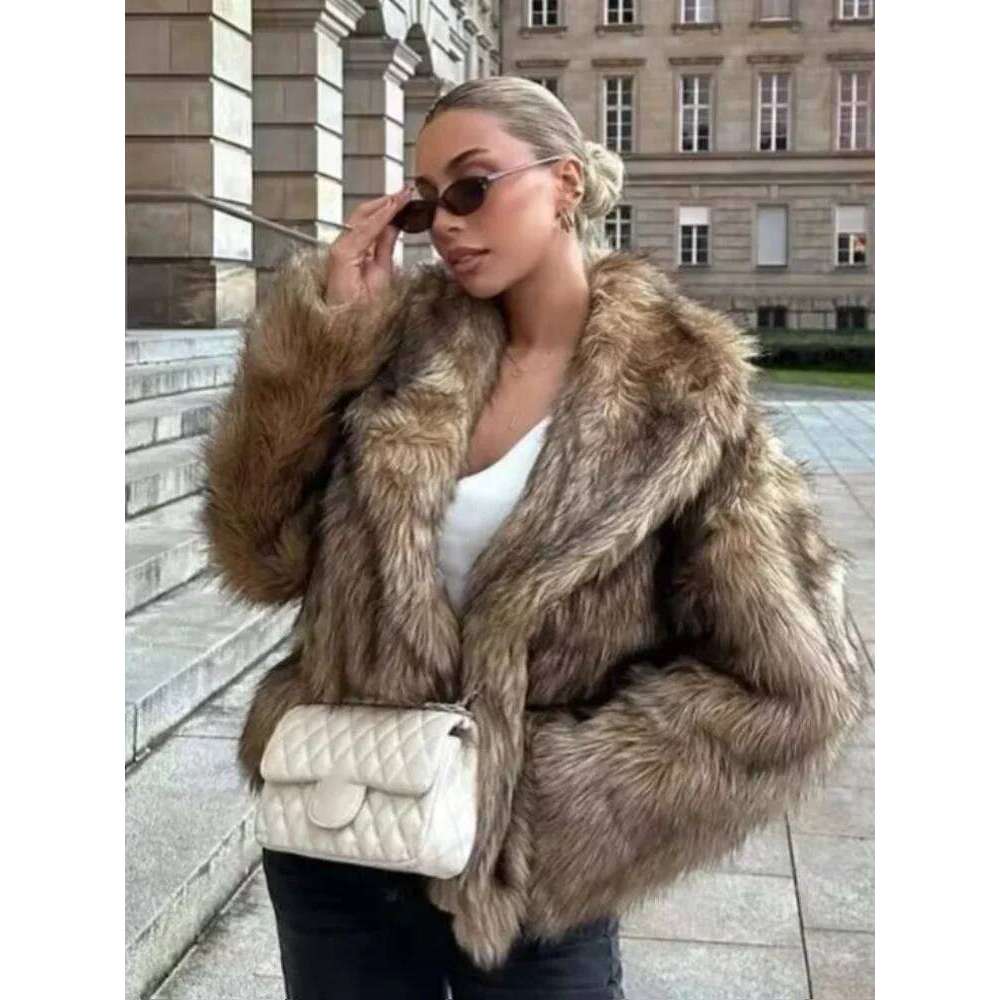 Women Casual Long Sleeved Fur Coat V-Neck Loose Short Jackets 2025 Winter Lady Fashion New Style Daily Highstreet Outerwears