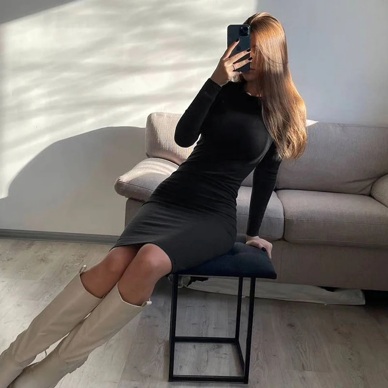 Autumn Winter Dresses Women Fashion Casual Slim ONeck Long Sleeves Elegant Dress Sexy Black Female Club Party Maxi 251110