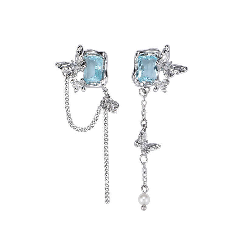 Original Blue Zircon Butterfly Tassel for Women Unique and Beautiful Niche Design High-end 925 Silver Needle Earrings