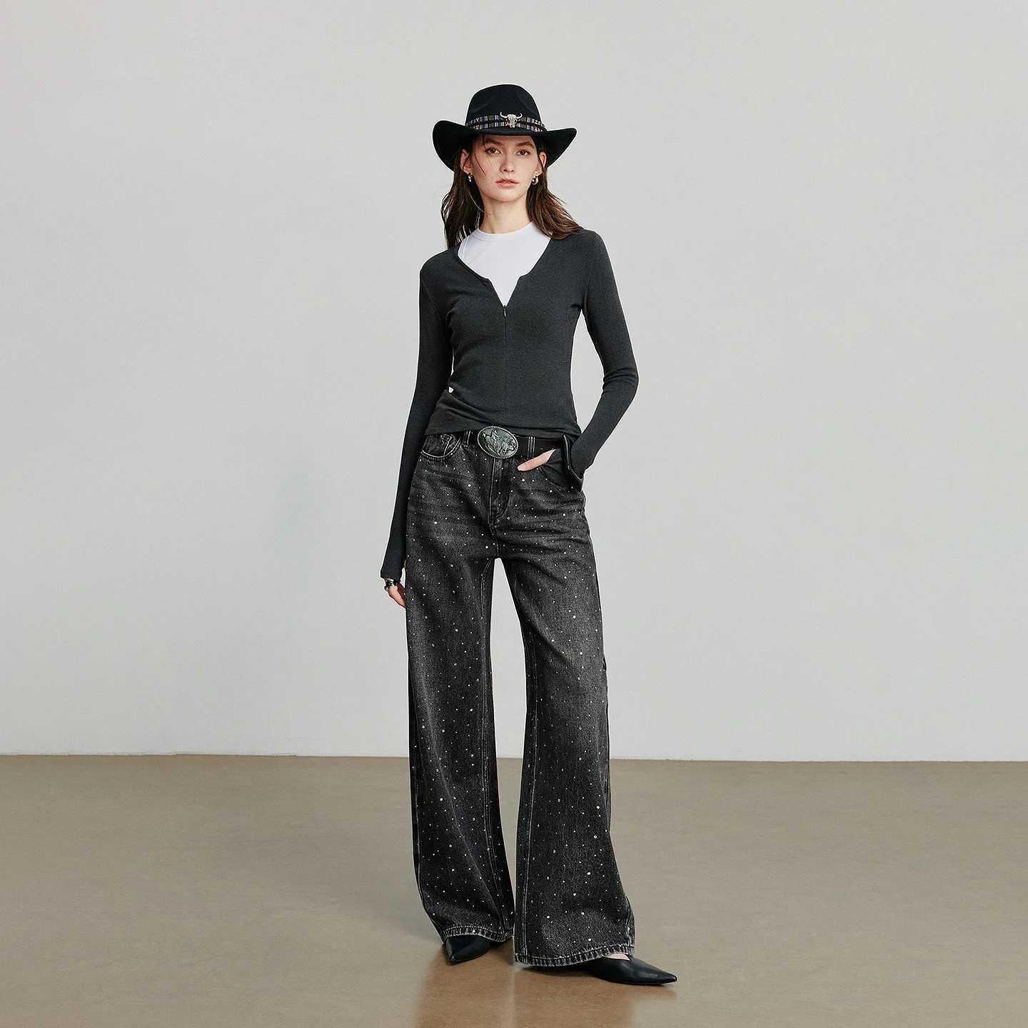 TOYOUTH Women Cowboy Wide Leg Pants 2025 Autumn New Punk Style Diamond Decor Straight Banana Pants C251110