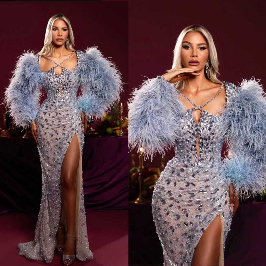 Elegant Mermaid Prom Gown Crystal Evening Dress Beads Feather Prom Dresses Sexy Bridal Gowns vestido de novia Size Customized Robes De Mariee L251026