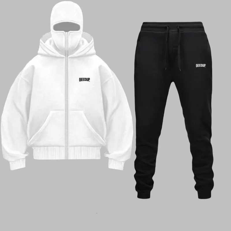 2025 Autumn Winter Men Zippered Hooded Sweatshirt Set - Balakrava Street Fashion Windproof Ninja Letter Design Two-Piece Set W251110