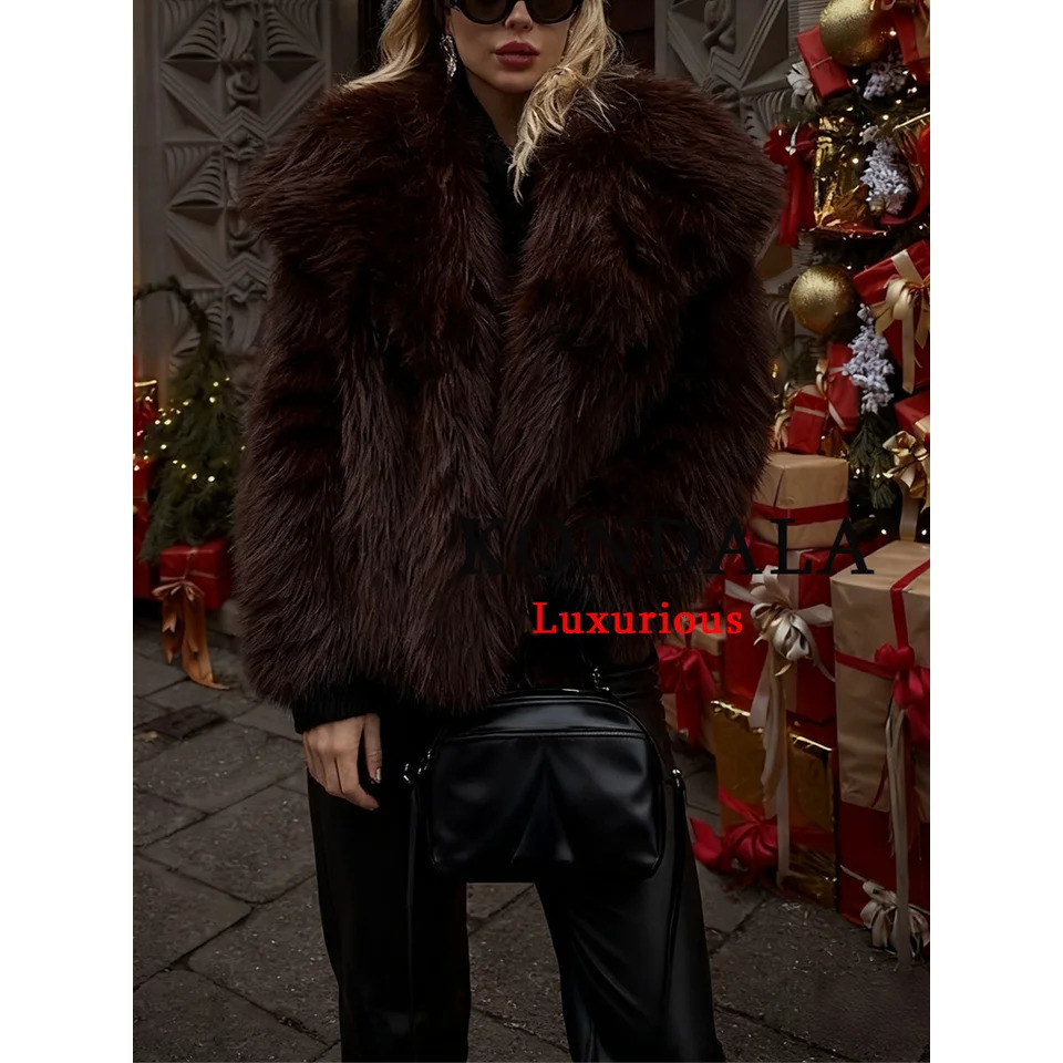 KONDALA Casual Brown Thick Fur Jackets Women Long Sleeve V Neck Autumn Winter Faux Coats Fashion Streetwear Outwears 251110