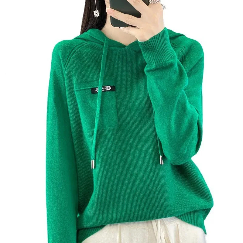Womens Autumn Winter Knitted Hat Sweater Loose Solid Color Long Sleeve Base Shirt Outwear Casual Comfortable Hoodie 251106