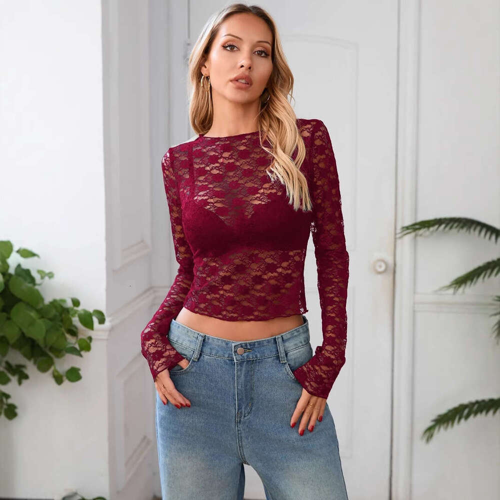 2025 New Sexy Lace Crop Top Hot Girl Amazon Beautiful Nightclub Slim Long Sleeve Shirt for Women Summer