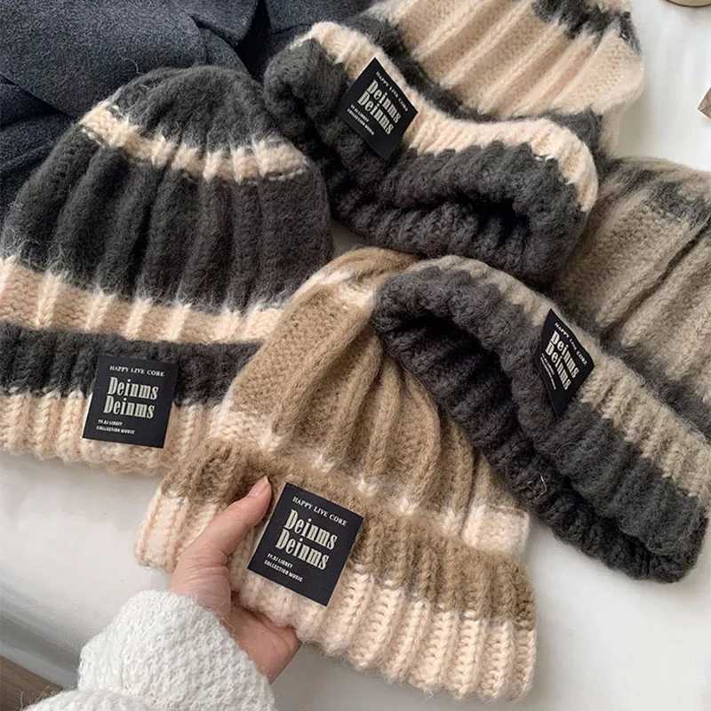 RICYGVM Fashion Stripe Knitted Hat For Women Ear Protection Skullies Cap Unisex Winter Warm Crochet Bonnet Thicken Woolen BeanieXJ251110