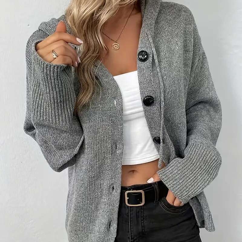 Solid Color Hooded Single-Breasted Cross-Border Sweater 2025 Autumn Winter New Drawstring Knitted Cardigan Coat for Women