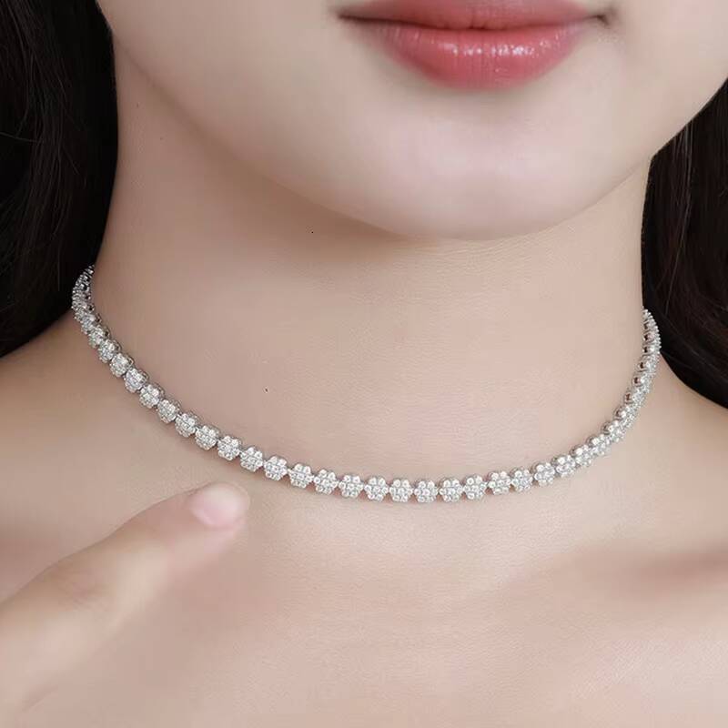 925 Sterling Silver Moissanite Full Diamond Plum Blossom Collar Necklace Advanced Adjustable for Weddings Parties Engagements