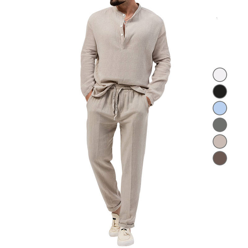 Cross 2024 Spring and Autumn Mens Solid Color Casual T-shirt Long Sleeve Shirt Long Pants Set