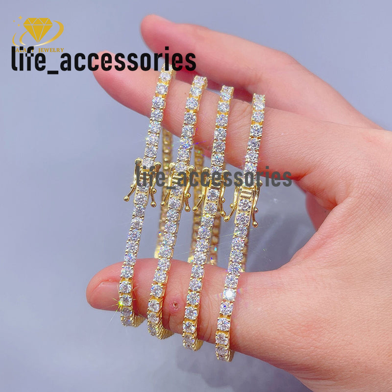 GRA Certificate Hip Hop Jewelry 925 Sterling Silver Gold Plated Iced Out Moissanite Diamond Bracelet 3mm Moissanite Tennis Chain