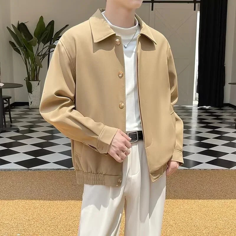 Spring Mens Single Chest Cargo Bomber Jacket Korean Fashion Polo Collar Solid Jacket Retro Street Jacket 250410