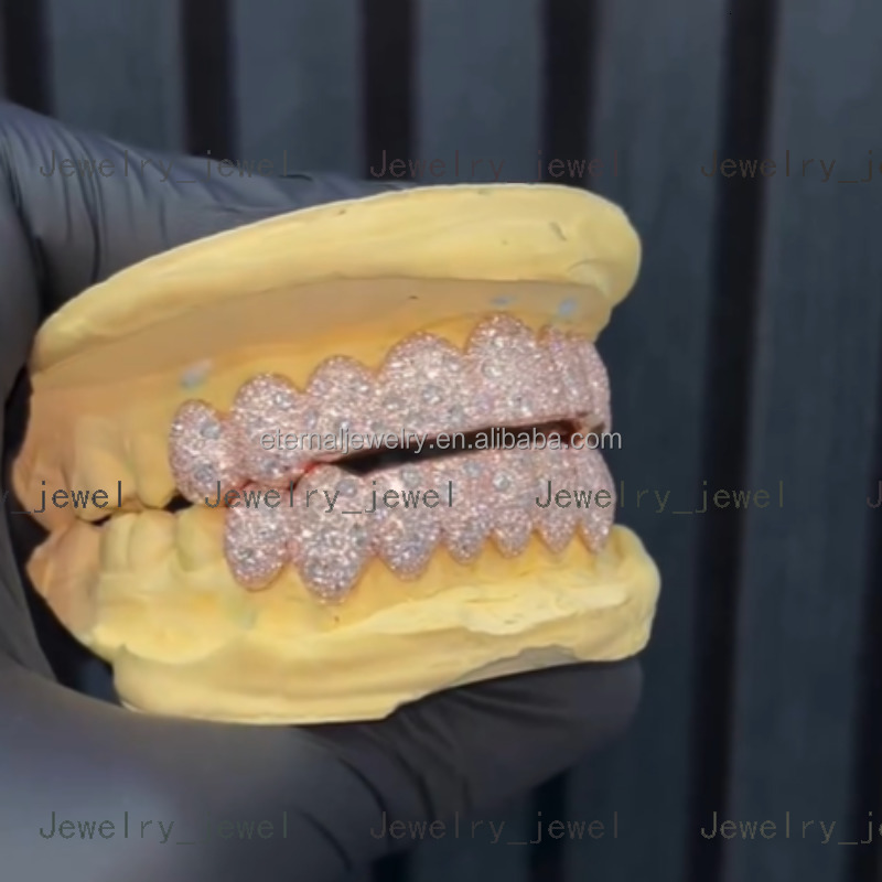 Custom Fashion Hip Hop Jewelry 925 Sterling Silver Iced Out VVS Diamond Round Cut Moissanite Teeth Grillz for Mens
