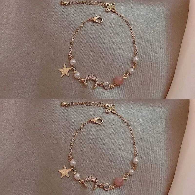 Girls Gold Color Zircon Star Moon Pearl Bracelet Simple Geometric Fashion Women Chain Bracelets Charming Elegant Jewelry GiftT251110