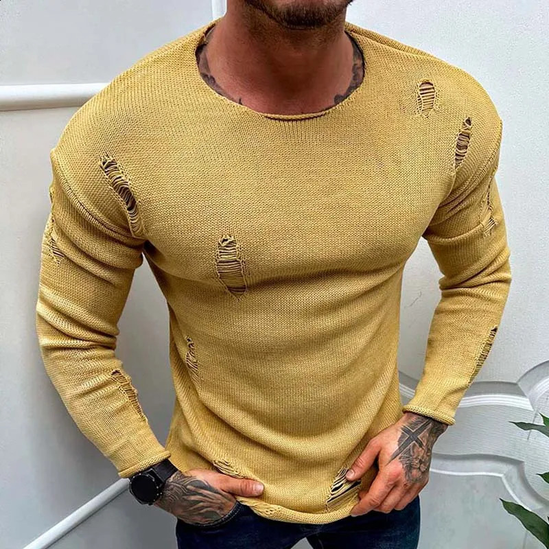 European American mens summer fashion perforated knitted sweater with round neck long sleeves thin base shirt top 250407