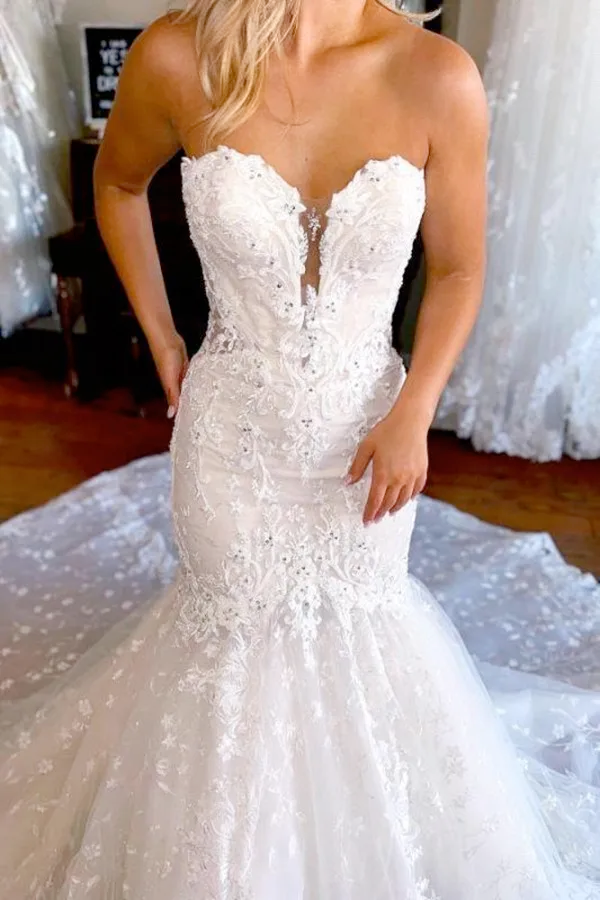 Sexy Sweetheart Removable Puff Sleeve Lace Pleat Tulle Mermaid Wedding Dress For Women Boho Bridal Gowns Sweep Robe De BC164