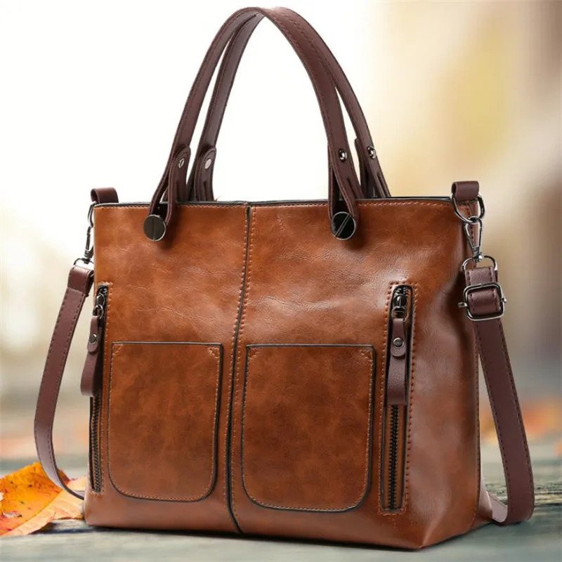 Retro leather handbag womens shoulder bag double pockets large capacity retro simple crossover 250401