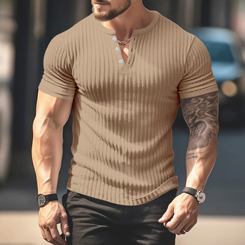 Temu2024 new mens short sleeved top with pit stripe slim fit short sleeved Henry T-shirt summer