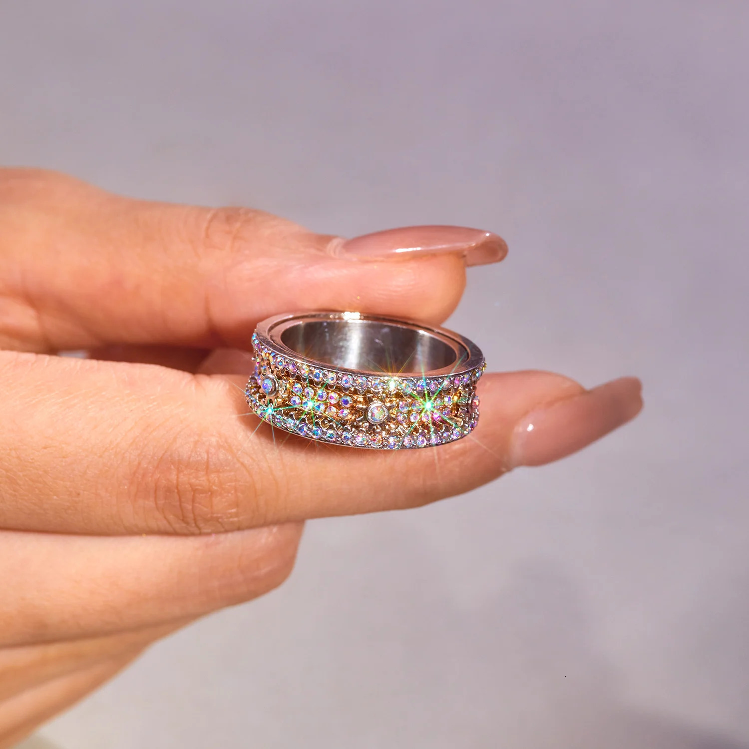 Spinner Zircon Rings For Men Women Full Rhinestone Stainless Steel Rotatable Finger Ring Anxiety Relief Stress Jewelry Gifts 251110