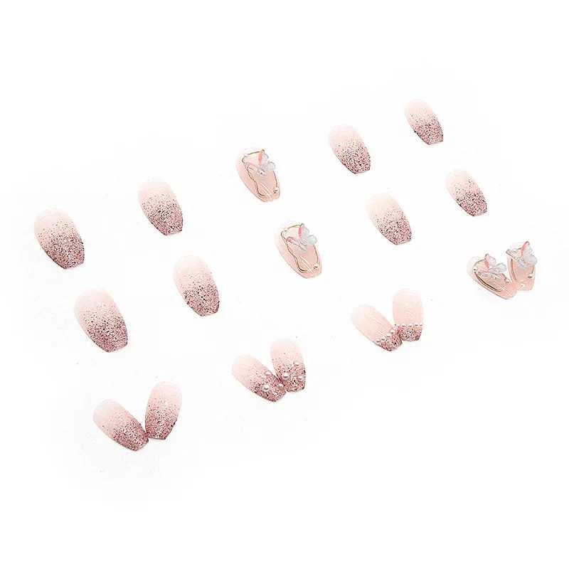 24 pieces of embossed butterfly fake nails with jelly stickers pressed onto the fake nails wearable round headed oval shaped fully covered nail tips W