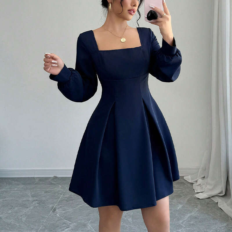 2025 Autumn New Cross-Border Amazon Foreign Trade Long Sleeve Square Neck Waist Slimming Small Hem A-Line Dress for Women