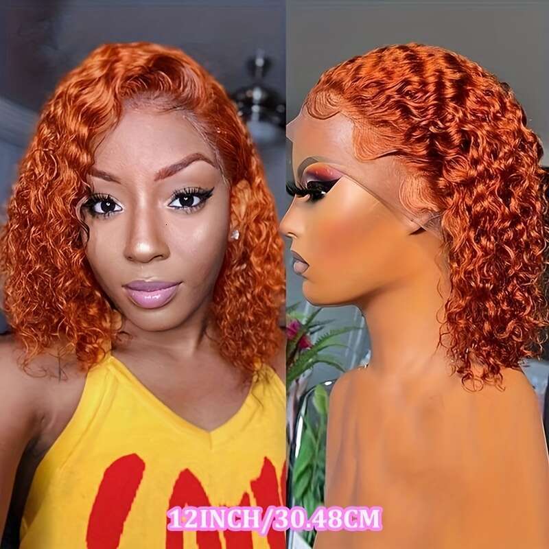 Curly 13X4 Hd Wigs Human Ginger Orange Colored 200 Ensity Deep Wave Bob Lace Front Wig Pre Plucked With Baby Hair