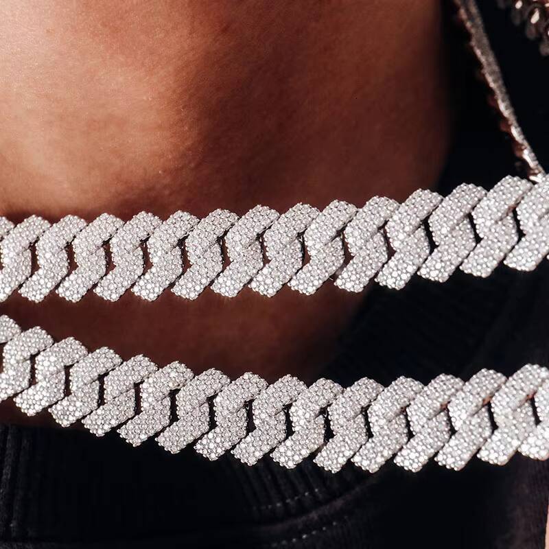 Wholesale Price 3 Row Moissanite Cuban Chain Necklace 15mm Ready to Ship Sterling Silver Style for Men Style Gift Necklace