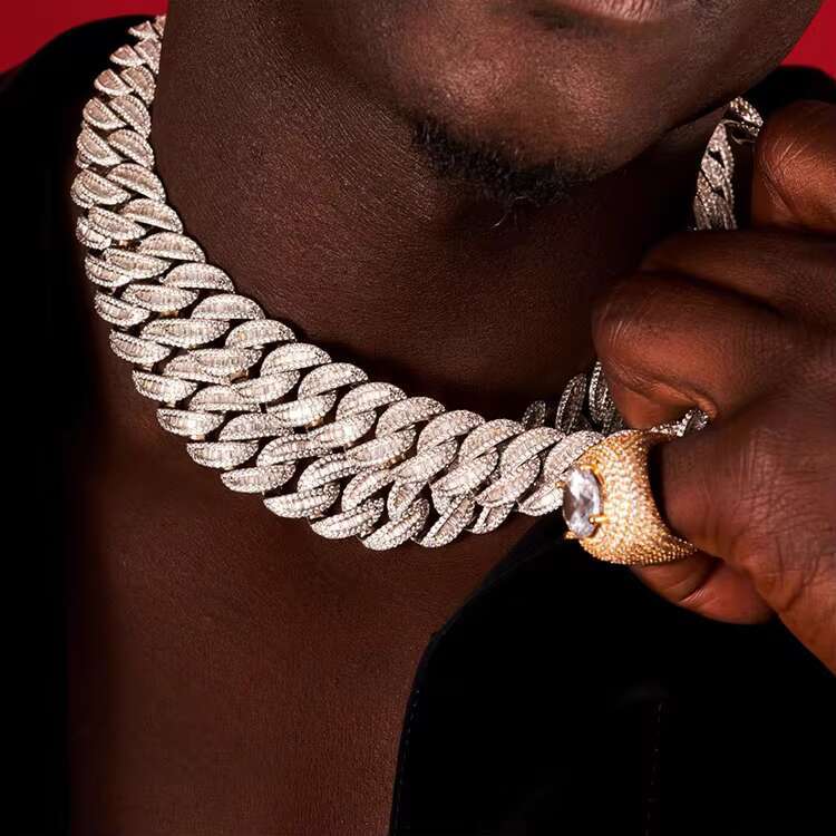 Yu Ying Fine Jewelry 925 Solid Silver 15mm Width Baguette Moissanite Chain Hip Hop Rapper Necklace Cuban Link Chain