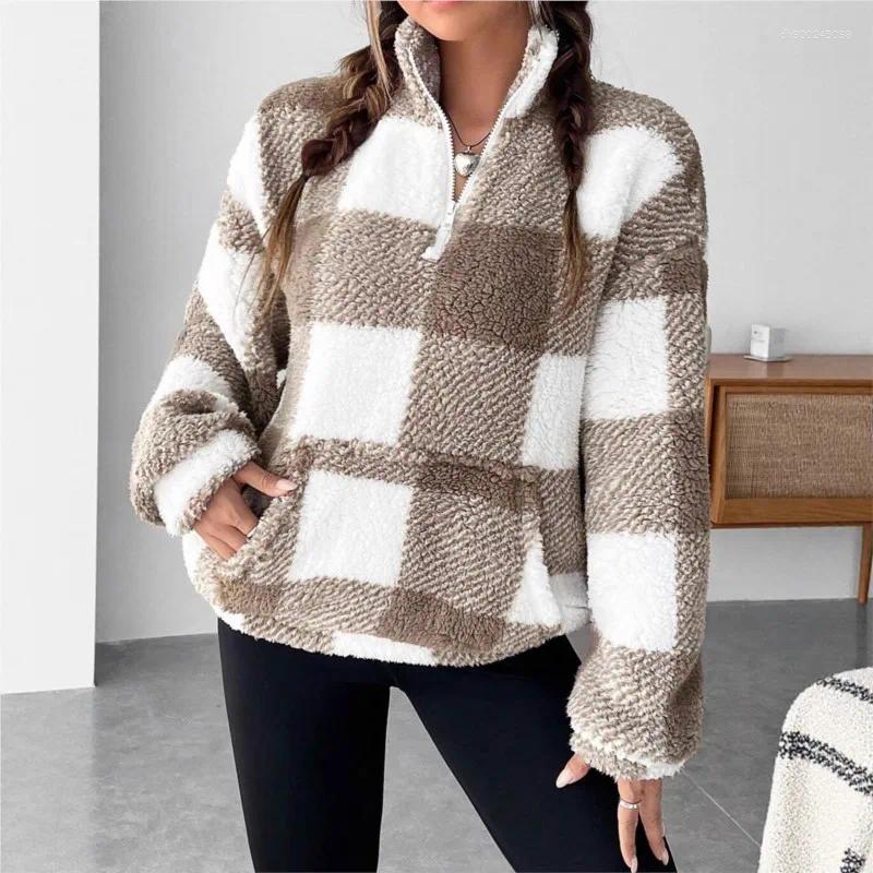Women's Sweaters Casual Lattice Plush Simple Style Loose All-match Homewear Pullover Contrast Comfortable Commuting