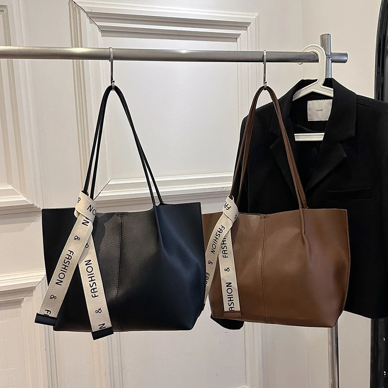 Retro Fashion Soft PU Solid Color Womens Shoulder Bag Ribbon Deco Large Capacity Female Leisure Tote Bag For Commute Outings R251110