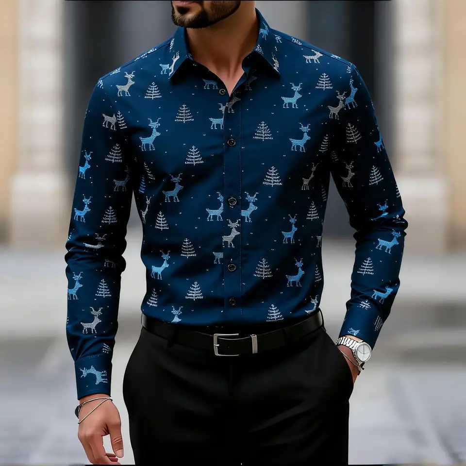 2025 Christmas Mens Christmas Tree Elk Print Breathable Long Sleeve Shirt Button Up Shirt Funny Outdoor Holiday Turndown shirts K251110